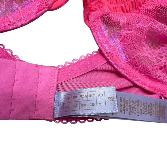 Savage x Fenty Lace Bra Sheer Mesh Hot Pink Sexy Floral 34D - Picture 4 of 8